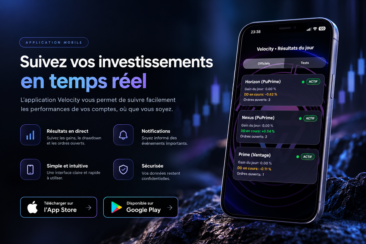 Application Velocity présentée sur smartphone